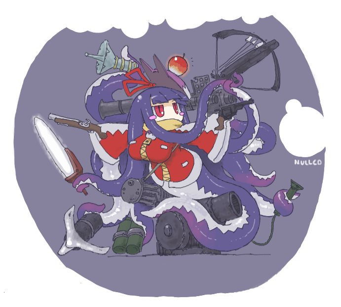 1girl, antique_firearm, apple, arrow_(projectile), asimofu, blunt_bangs, blush_stickers, border