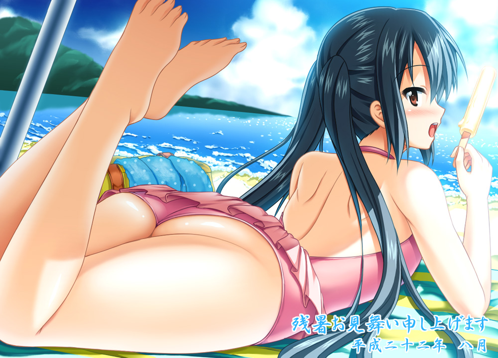barefoot, beach, bikini, black_hair, blush, brown_eyes, casual_one-piece_swimsuit, feet
