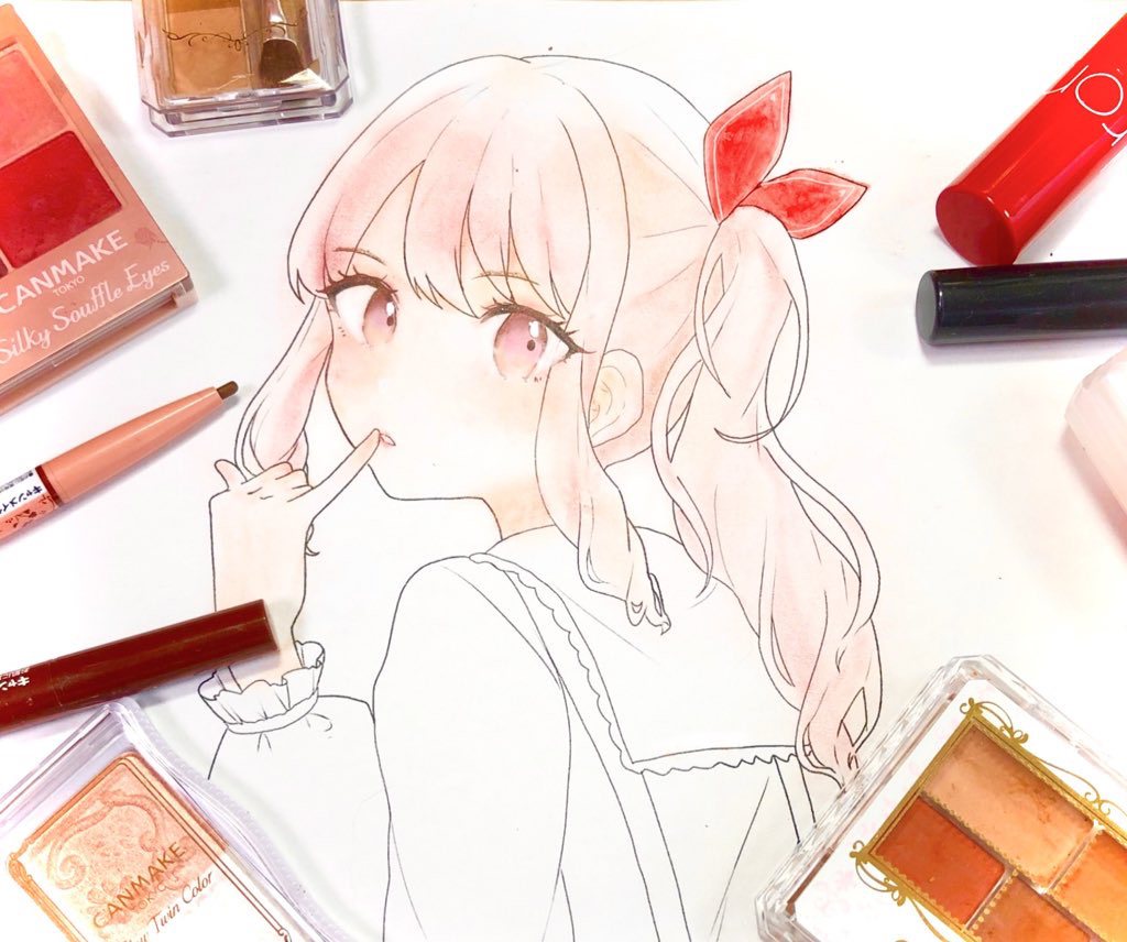 1other, akiyama_mizuki, art_tools_in_frame, blush, bow, finger_to_mouth, from_behind, hair_bow, long_sleeves, looking_back, makeup, parted_lips, photo_(medium), pink_eyes, pink_hair, pinky_out, project_sekai, side_ponytail, suiren_nei, traditional_media