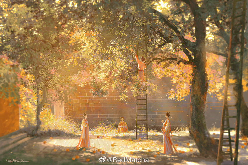 1boy, 3girls, belt, black_eyes, black_hair, brick_wall, chinese_clothes, chinese_commentary
