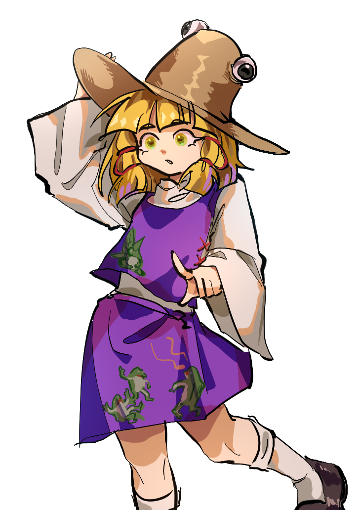 1girl, animal_print, black_footwear, blonde_hair, blunt_bangs, blunt_ends, brown_headwear, commentary_request
