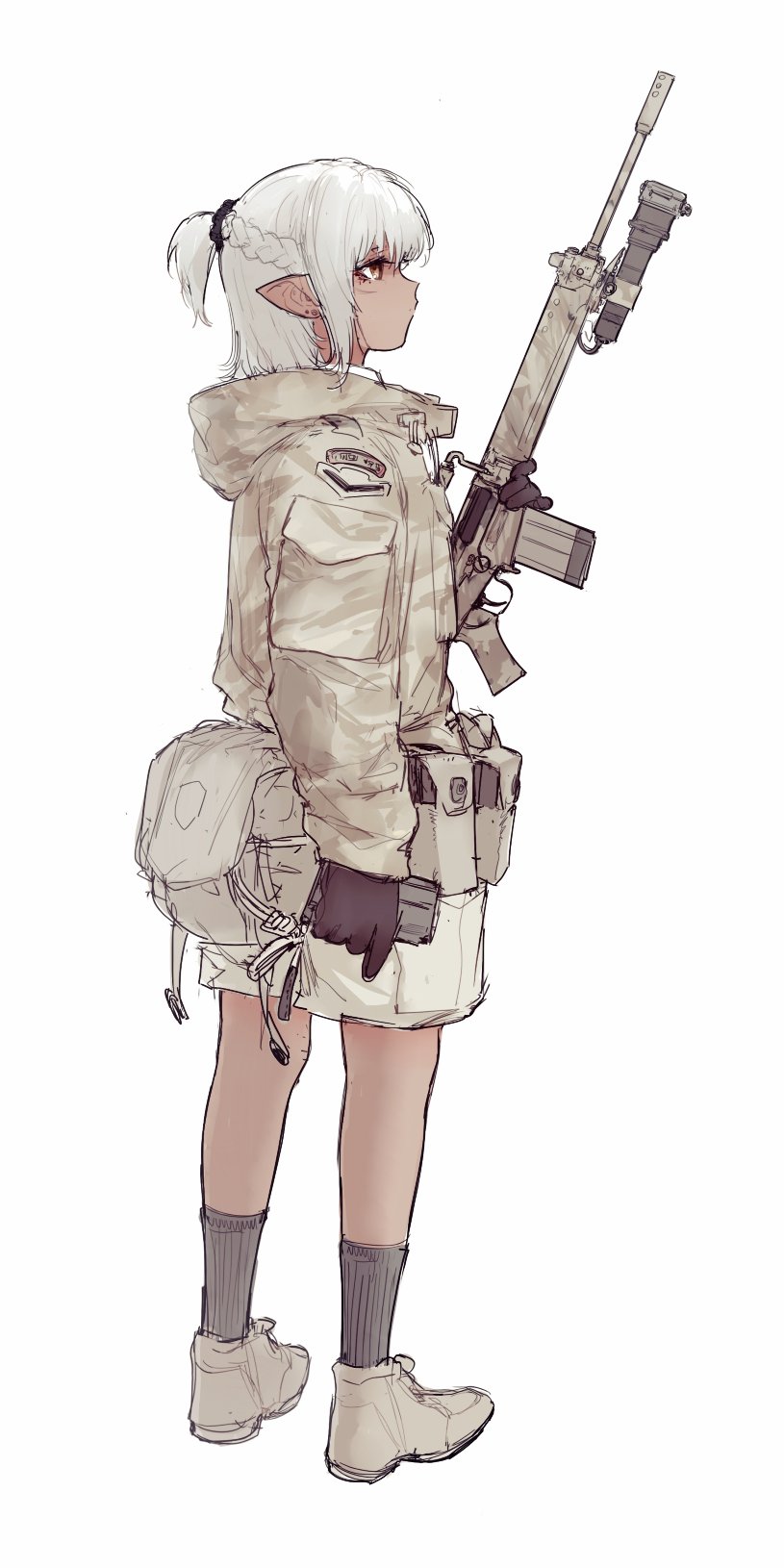 1girl, alma01, battle_rifle, black_gloves, chevron_(symbol), dark-skinned_female, dark_skin, elf