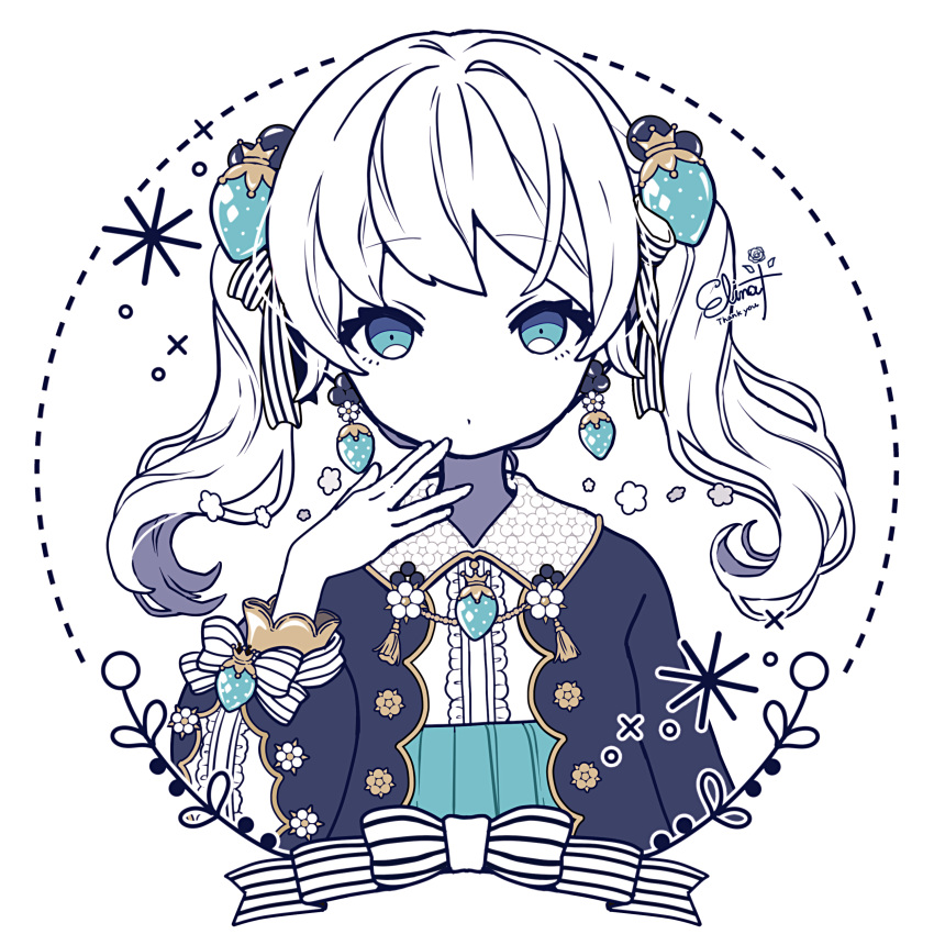 1girl, absurdres, artist_name, blue_eyes, blue_ribbon, blue_shirt, blueberry_earrings, blueberry_hair_ornament, border, bow, collared_shirt, colored_skin, commentary, cropped_torso, earrings, elina_(e2n04n), english_commentary, food-themed_earrings, food-themed_hair_ornament, frills, gold_trim, hair_ornament, hair_ribbon, hand_up, highres, jewelry, limited_palette, long_sleeves, looking_at_viewer, medium_hair, original, parted_lips, puffy_long_sleeves, puffy_sleeves, ribbon, shirt, simple_background, solo, strawberry_earrings, strawberry_hair_ornament, striped, striped_ribbon, tassel, thank_you, twintails, white_background, white_border, white_bow, white_hair, white_ribbon, white_skin