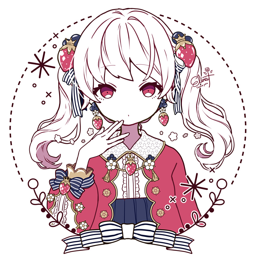 1girl, absurdres, artist_name, blue_ribbon, blueberry_earrings, blueberry_hair_ornament, border, bow, collared_shirt, colored_skin, commentary, cropped_torso, earrings, elina_(e2n04n), english_commentary, food-themed_earrings, food-themed_hair_ornament, frills, gold_trim, hair_ornament, hair_ribbon, hand_up, highres, jewelry, long_sleeves, looking_at_viewer, medium_hair, original, parted_lips, puffy_long_sleeves, puffy_sleeves, red_eyes, red_shirt, ribbon, shirt, simple_background, solo, strawberry_earrings, strawberry_hair_ornament, striped, striped_ribbon, tassel, thank_you, twintails, white_background, white_border, white_bow, white_hair, white_ribbon, white_skin