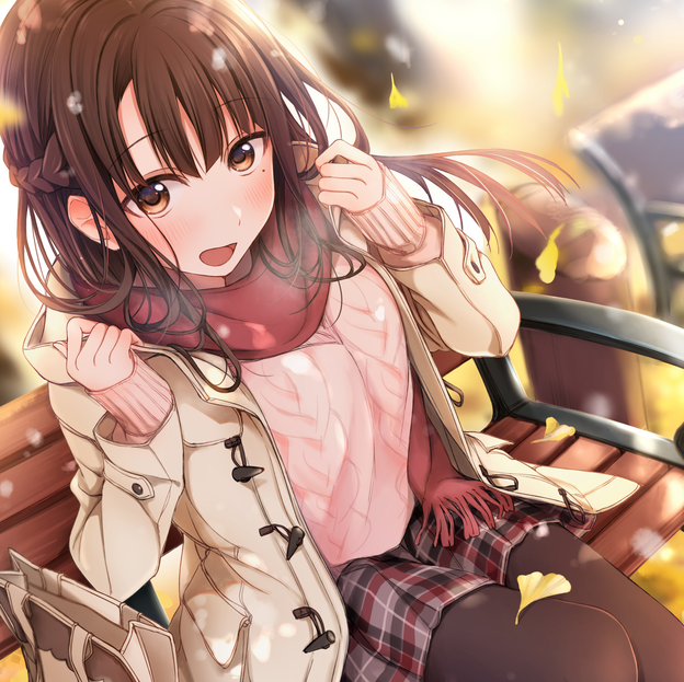 1girl, ai_kiss_2, aran_sweater, bag, bench, blurry, blurry_background, blush, brown_eyes, brown_hair, cable_knit, depth_of_field, falling_leaves, fringe_trim, ginkgo_leaf, half_updo, handbag, jacket, kirisawa_saki, leaf, looking_at_viewer, mole, mole_under_eye, on_bench, open_clothes, open_jacket, open_mouth, outdoors, park_bench, pink_sweater, plaid, plaid_skirt, red_scarf, saegusa_ayame, scarf, sitting, sitting_on_bench, skirt, solo, sweater, thigh-highs