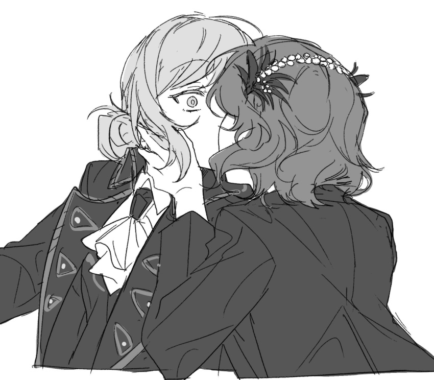 2girls, arms_up, ascot, coat, greyscale, gyeol_124, hair_bun, hand_on_another's_face, highres, jacket, kiss, long_sleeves, monochrome, multiple_girls, reverse:1999, schneider_(reverse:1999), short_hair, single_side_bun, upper_body, vertin_(reverse:1999), wide-eyed, yuri
