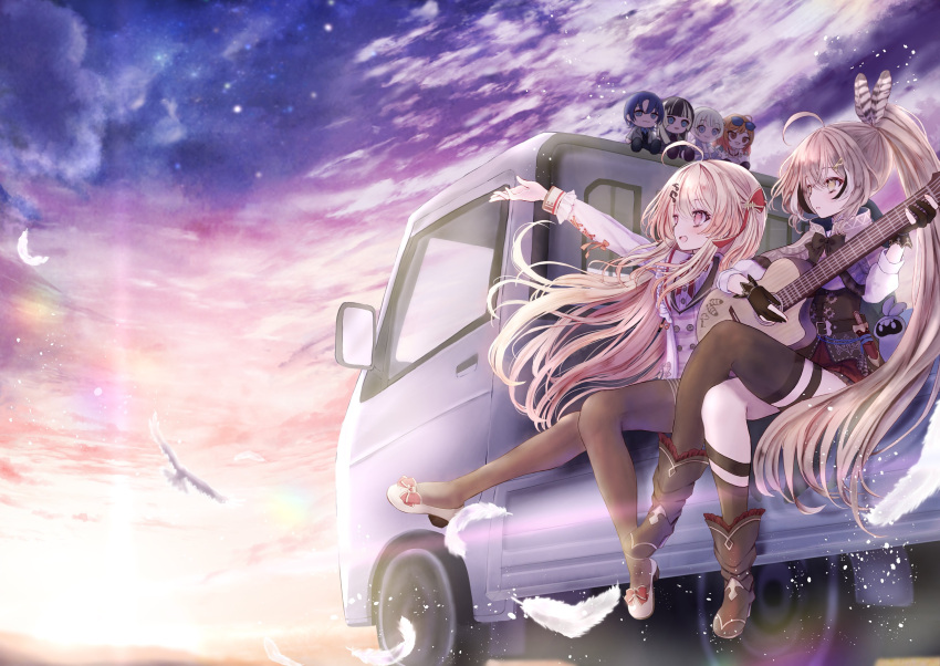 2girls, absurdres, ahoge, ankle_boots, arm_up, asymmetrical_legwear, ballet_slippers, belt, bird, boots, brown_capelet, brown_cloak, brown_corset, brown_eyes, brown_hair, cape, capelet, cloak, clouds, cloudy_sky, corset, crossed_bangs, crossed_legs, dagger, double-parted_bangs, dove, dress, dual_persona, falling_feathers, feather_hair_ornament, feathers, frilled_jacket, frilled_sailor_collar, frills, gloves, guitar, hair_between_eyes, hair_ornament, hairclip, highres, hiodoshi_ao, holding, holding_guitar, holding_instrument, hololive, hololive_dev_is, hololive_english, ichijou_ririka, instrument, jacket, kneehighs, knife, light_particles, long_hair, megts0331, miniskirt, motor_vehicle, multicolored_hair, multiple_girls, mumei_(song)_(hololive), music, musical_note, musical_note_hair_ornament, musical_note_print, nanashi_mumei, nanashi_mumei_(1st_costume), objectification, open_mouth, otonose_kanade, pantyhose, partially_fingerless_gloves, piano_print, pickup_truck, plaid, plaid_dress, playing_instrument, pleated_skirt, ponytail, red_ribbon, red_skirt, regloss_(hololive), ribbon, sailor_collar, shirt, single_kneehigh, single_sock, single_thighhigh, sitting, skirt, sky, smile, socks, star_(sky), starry_sky, streaked_hair, stuffed_toy, thigh-highs, todoroki_hajime, truck, twilight, very_long_hair, virtual_youtuber, weapon, white_jacket, white_shirt