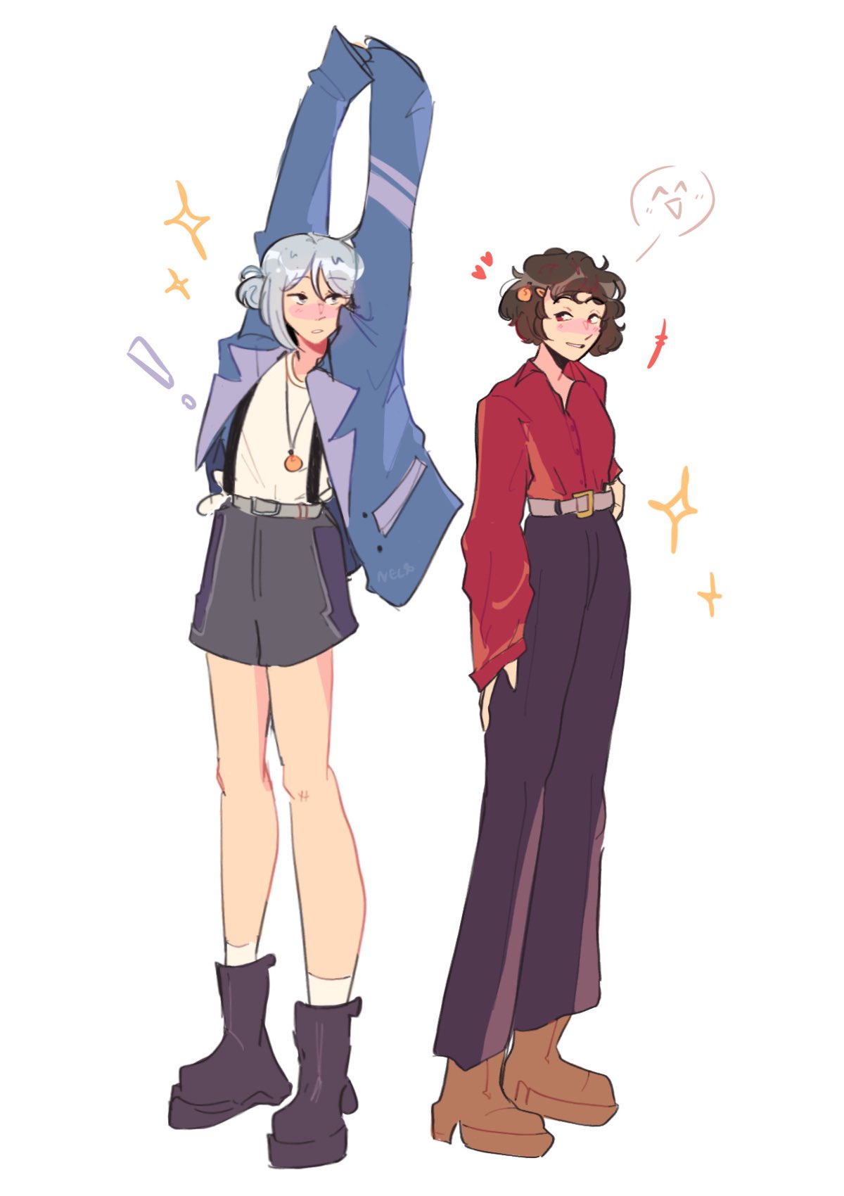 !, 2girls, belt, belt_buckle, black_footwear, black_pants, blue_jacket, blush