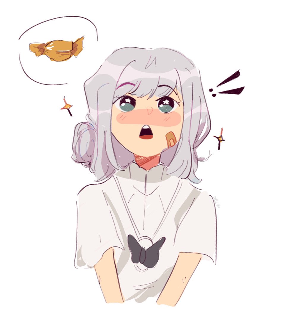 !, !!, 1girl, aged_down, bandaid, bandaid_on_face, blush, child, commentary, dress, english_commentary, grey_eyes, grey_hair, hair_bun, open_mouth, reverse:1999, roseiid, short_sleeves, simple_background, single_side_bun, solo, sparkle, spoken_object, upper_body, vertin_(reverse:1999), white_background, white_dress