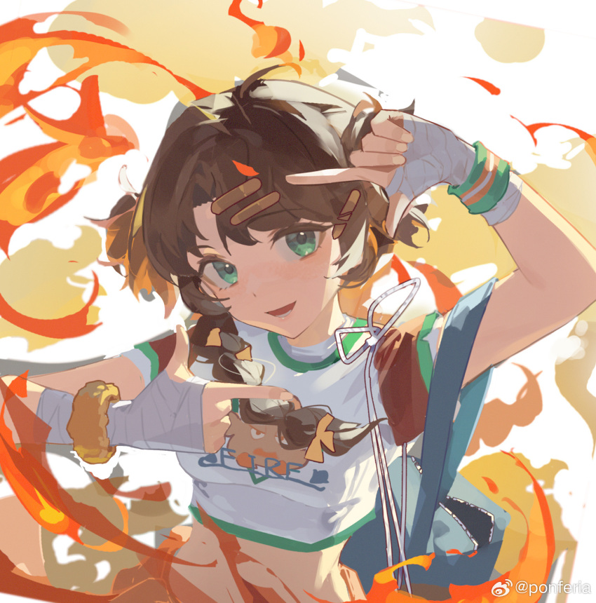 1girl, bag, braid, breasts, brown_hair, chinese_commentary, commentary_request, crop_top