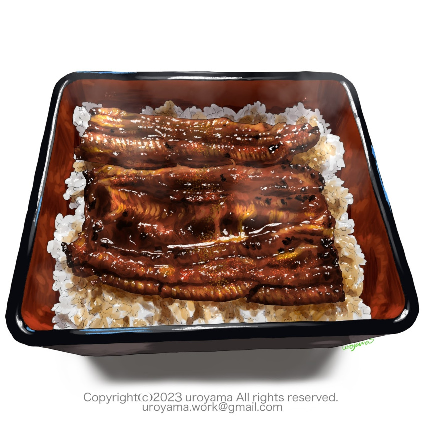 artist_name, bowl, copyright_notice, email_address, fish_(food), food, food_focus, grilled_eel