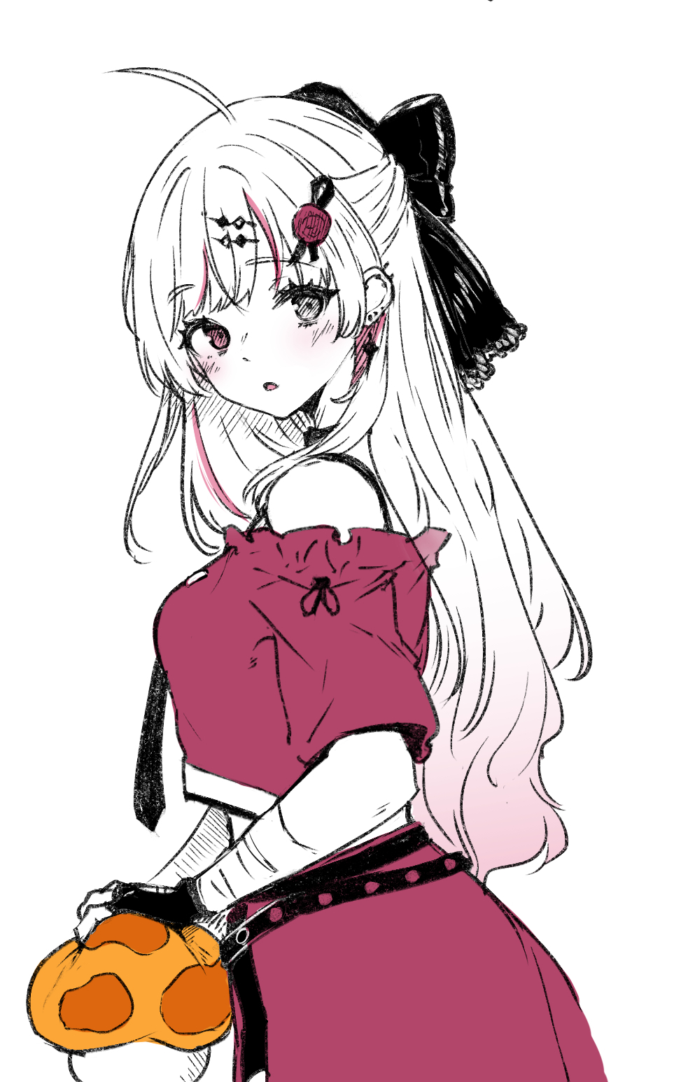 1girl, bandaged_arm, bandages, bare_shoulders, belt, black_bow, black_necktie, bow