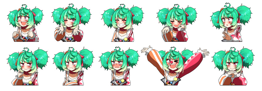 >_o, 1girl, ;), ;d, absurdres, ahoge, arms_up, blush, clown, clown_nose, commentary, coni_confetti, ddolbang, double_bun, expressions, facial_mark, gradient_hair, green_hair, grin, hair_bun, heart, heart_ahoge, highres, idol_corp, jacket, long_sleeves, multicolored_clothes, multicolored_hair, multicolored_jacket, multiple_views, neck_ruff, one_eye_closed, open_clothes, open_jacket, open_mouth, pov_doorway, red_eyes, red_jacket, sharp_teeth, simple_background, smile, teeth, transparent_background, twintails, two-tone_jacket, virtual_youtuber