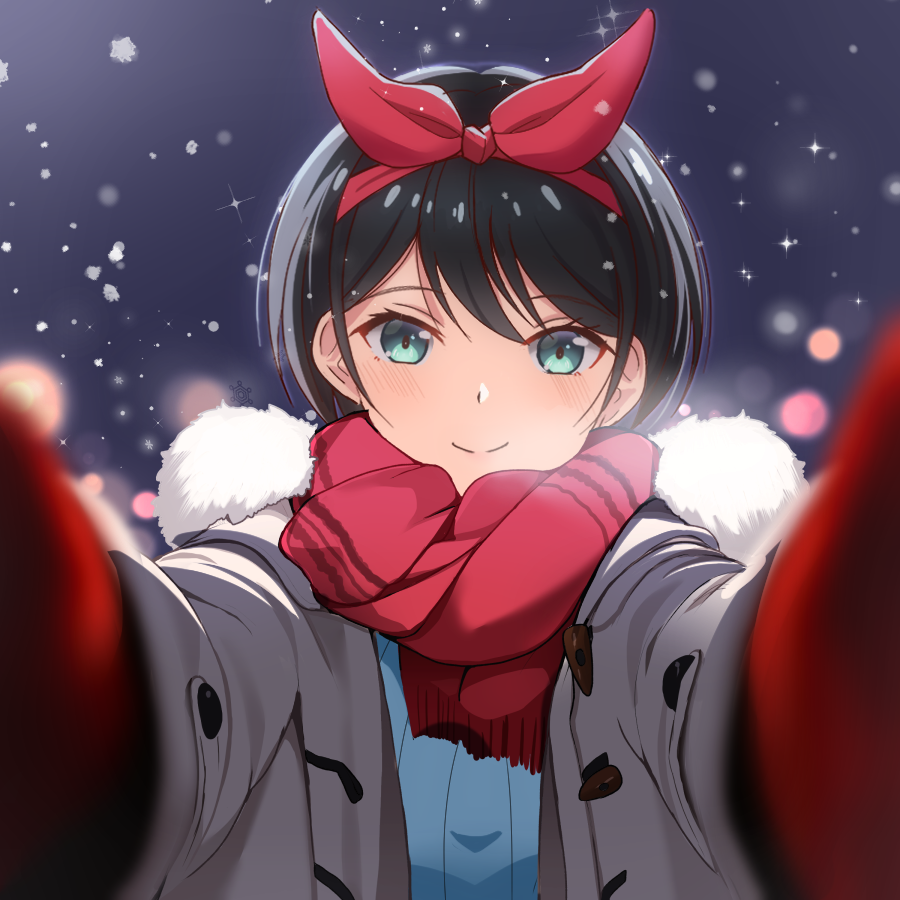 1girl, ahoge, black_hair, black_ribbon, blush, coat, duffel_coat, fur-trimmed_coat, fur-trimmed_hood, fur-trimmed_scarf, fur_trim, gloves, green_eyes, hair_ribbon, hairband, hood, kanojo_okarishimasu, ken-pai_(kenpai_arts), looking_to_the_side, meme, mittens, multicolored_hair, open_clothes, open_coat, open_mouth, pink_sweater, pov, pov_cheek_warming_(meme), reaching, reaching_towards_viewer, red_gloves, red_mittens, red_scarf, ribbon, sarashina_ruka, scarf, short_hair, snow, snowing, streaked_hair, sweater, two-tone_hair, two_side_up, white_coat, winter_clothes, winter_coat, winter_gloves