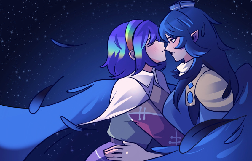 2girls, belt, bird_wings, black_lips, blue_dress, blue_hair, blue_headwear, blue_sleeves, blue_wings, blush, brown_belt, cape, closed_eyes, collared_cape, commentary, dress, english_commentary, eyeshadow, face-to-face, feathers, hand_on_another's_waist, hat, highres, iizunamaru_megumu, kiss, kissing_nose, lipstick, lipstick_mark, long_hair, long_sleeves, looking_at_another, makeup, multiple_girls, night, night_sky, patchwork_clothes, pointy_ears, purple_eyeshadow, purple_hair, rainbow_gradient, rainbow_hairband, red_eyes, shirt, short_hair, shoulder_pads, shygardeneel, single_sidelock, sky, star_(sky), starry_sky, starry_sky_print, tenkyuu_chimata, tokin_hat, touhou, turtleneck, two-sided_cape, two-sided_fabric, upper_body, white_cape, white_shirt, wings, yuri