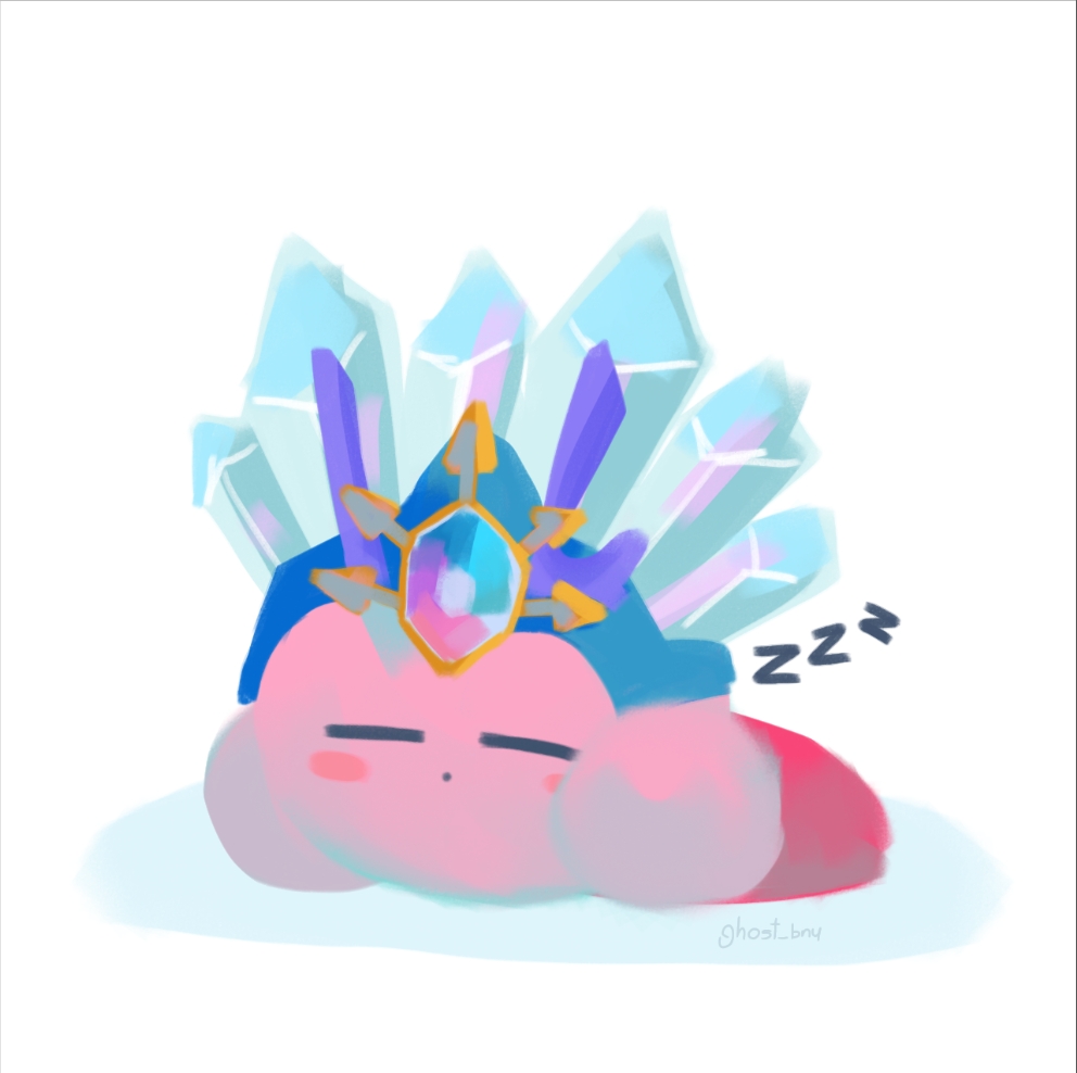 blizzard_ice_kirby, closed_eyes, closed_mouth, ice_kirby, kirby, kirby_(series), kirby_and_the_forgotten_land, sleeping, tumblr_username, white_background