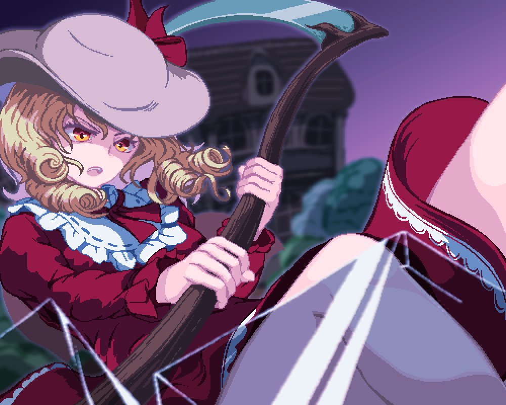 1girl, blonde_hair, bow, curly_hair, dress, elly_(touhou), hat, holding
