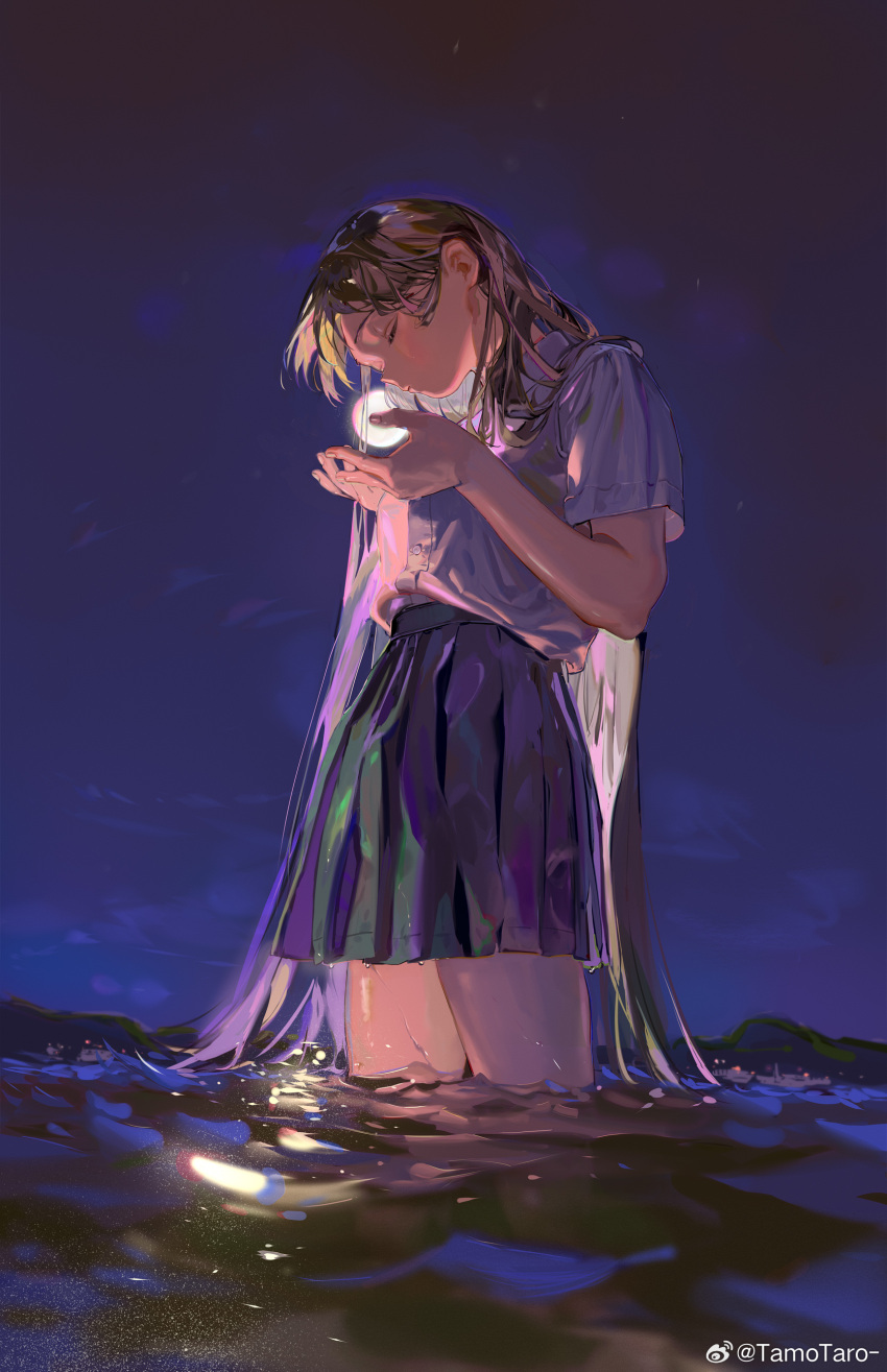 1girl, absurdres, blue_skirt, brown_hair, buttons, check_copyright, closed_eyes, collared_shirt, commentary, copyright_request, cowboy_shot, english_commentary, head_tilt, high-waist_skirt, highres, holding, holding_moon, kiss, lake, long_hair, miniskirt, moon, mountainous_horizon, night, night_sky, original, pleated_skirt, ripples, shirt, short_sleeves, skirt, sky, solo, straight_hair, tamomoko, very_long_hair, wading, watermark, weibo_logo, weibo_username, wet, white_shirt, white_sleeves