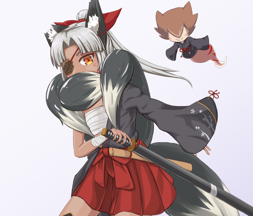 1girl, :>, animal_ear_fluff, animal_ears, black_kimono, black_tail, blush_stickers, bow