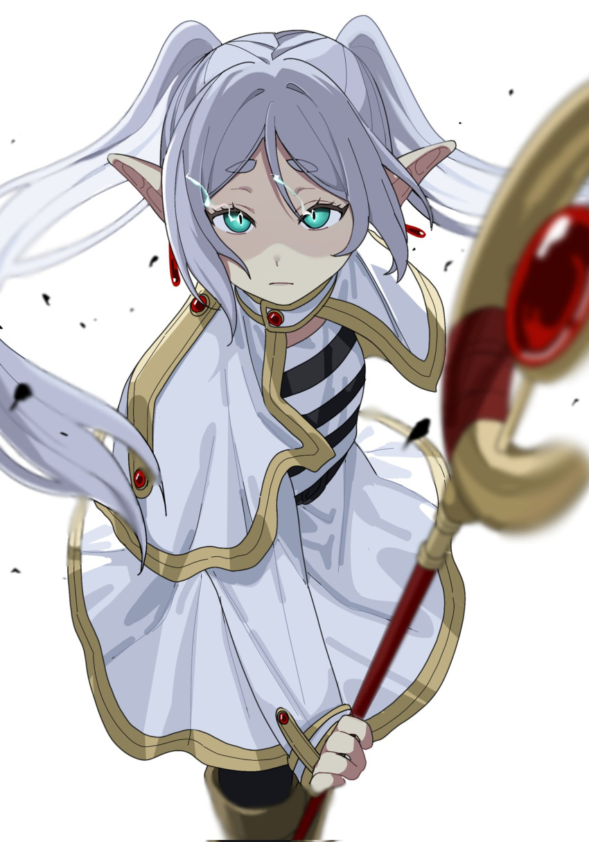 1girl, aiming, aiming_at_viewer, boots, capelet, closed_mouth, dangle_earrings, earrings