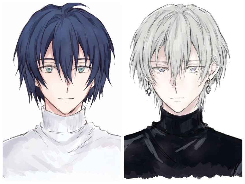 2boys, black_shirt, blue_eyes, blue_hair, closed_mouth, earrings, expressionless, grey_eyes, grey_hair, highres, idolish7, jewelry, lllll_rei, looking_at_viewer, male_focus, mole, mole_under_eye, multiple_boys, oogami_banri, shirt, short_hair, sketch, turtleneck, white_shirt, yuki_(idolish7)