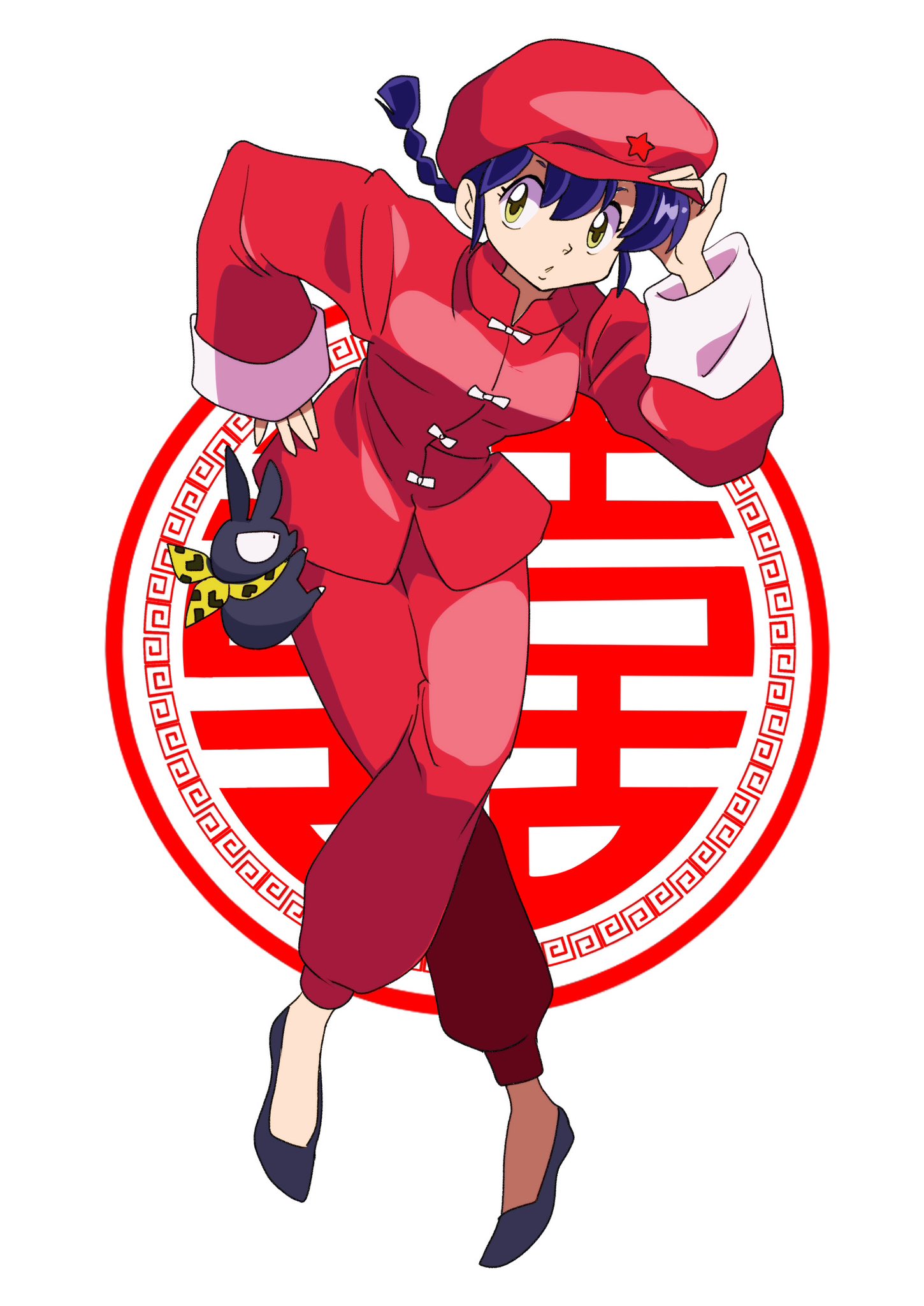 1girl, bandana, black_footwear, braid, braided_ponytail, breasts, chinese_clothes, gomen_koumuru, hair_between_eyes, highres, pants, pig, ranma-chan, ranma_1/2, red_footwear, red_pants, simple_background, star_(symbol), tangzhuang, white_background, yellow_bandana, yellow_eyes