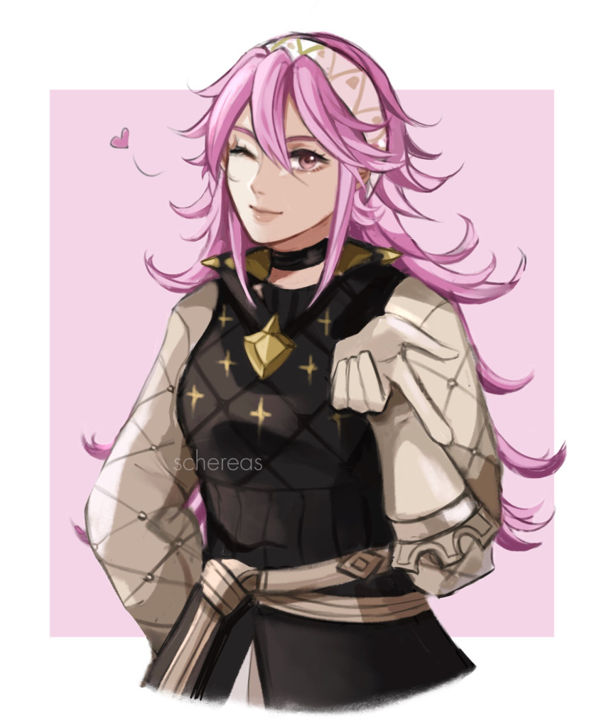 1girl, ;), artist_name, black_choker, choker, closed_mouth, fire_emblem, fire_emblem_fates