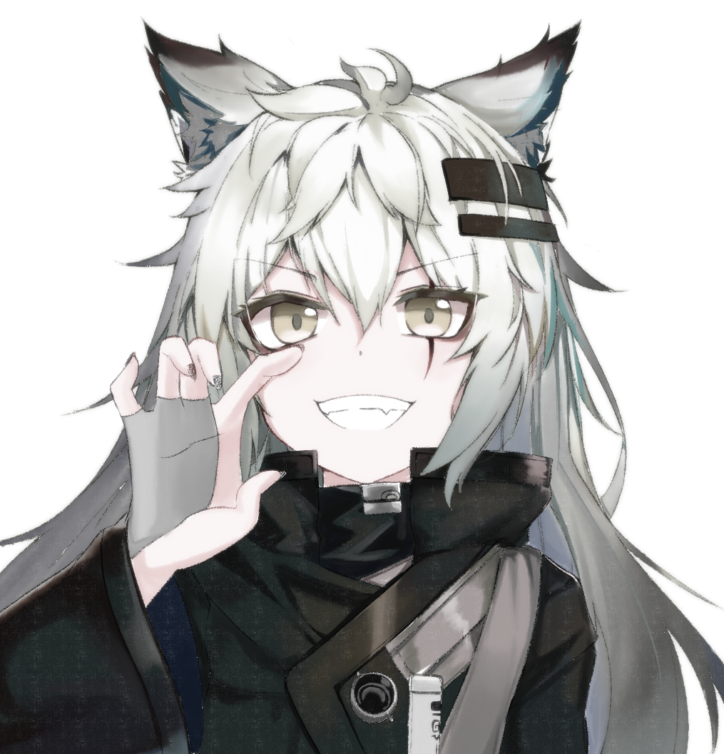 1girl, animal_ears, arknights, black_coat, black_nails, coat, grey_hair, grin
