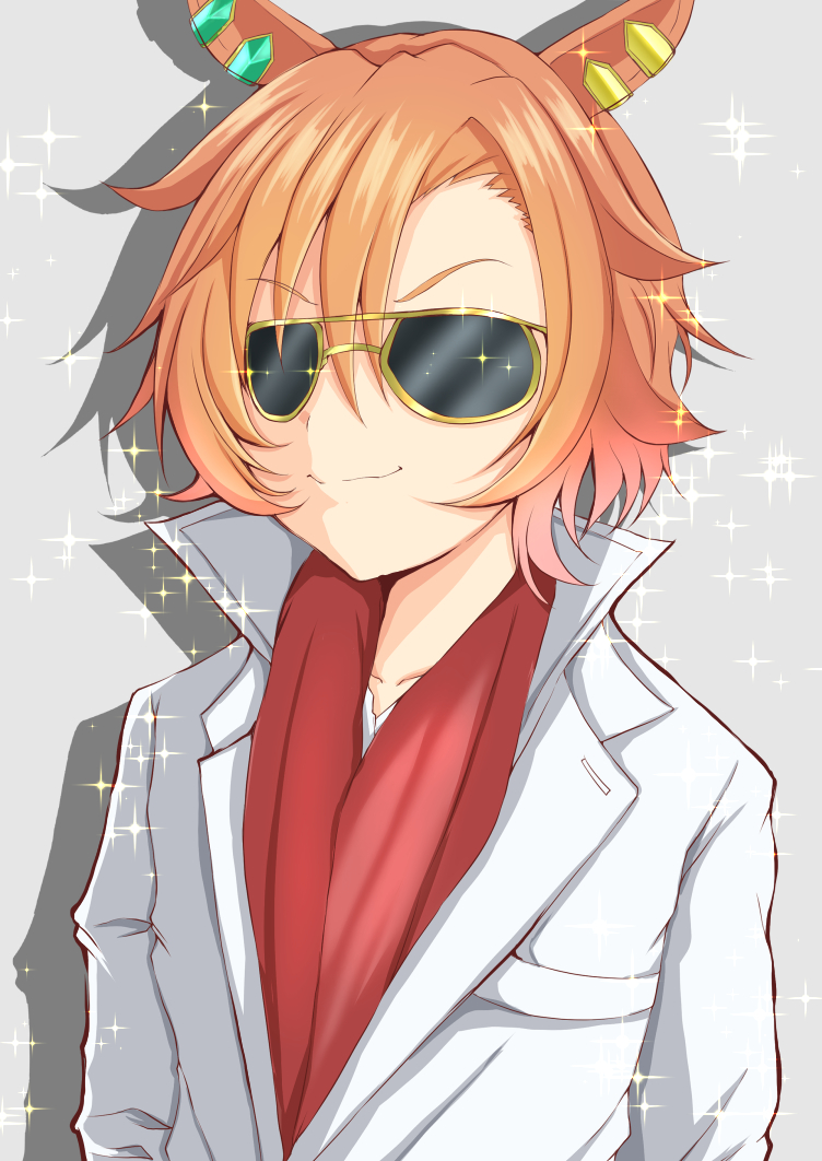 1girl, animal_ears, cosplay, ear_ornament, hair_between_eyes, horse_ears, horse_girl, jacket, orange_hair, real_life, short_hair, solo, sparkle, sunglasses, t.m._opera_o_(umamusume), uesugi_shingo_(gurasan_buutsu), umamusume, upper_body, wada_ryuji, wada_ryuji_(cosplay), white_jacket