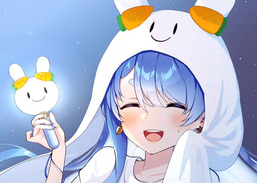 1girl, blue_hair, blue_nails, carrot, carrot_earrings, close-up, closed_eyes, collarbone