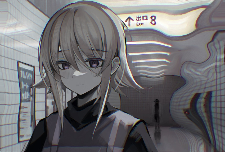 2girls, behind_another, blonde_hair, blush, ceiling, ceiling_light, chromatic_aberration, closed_mouth