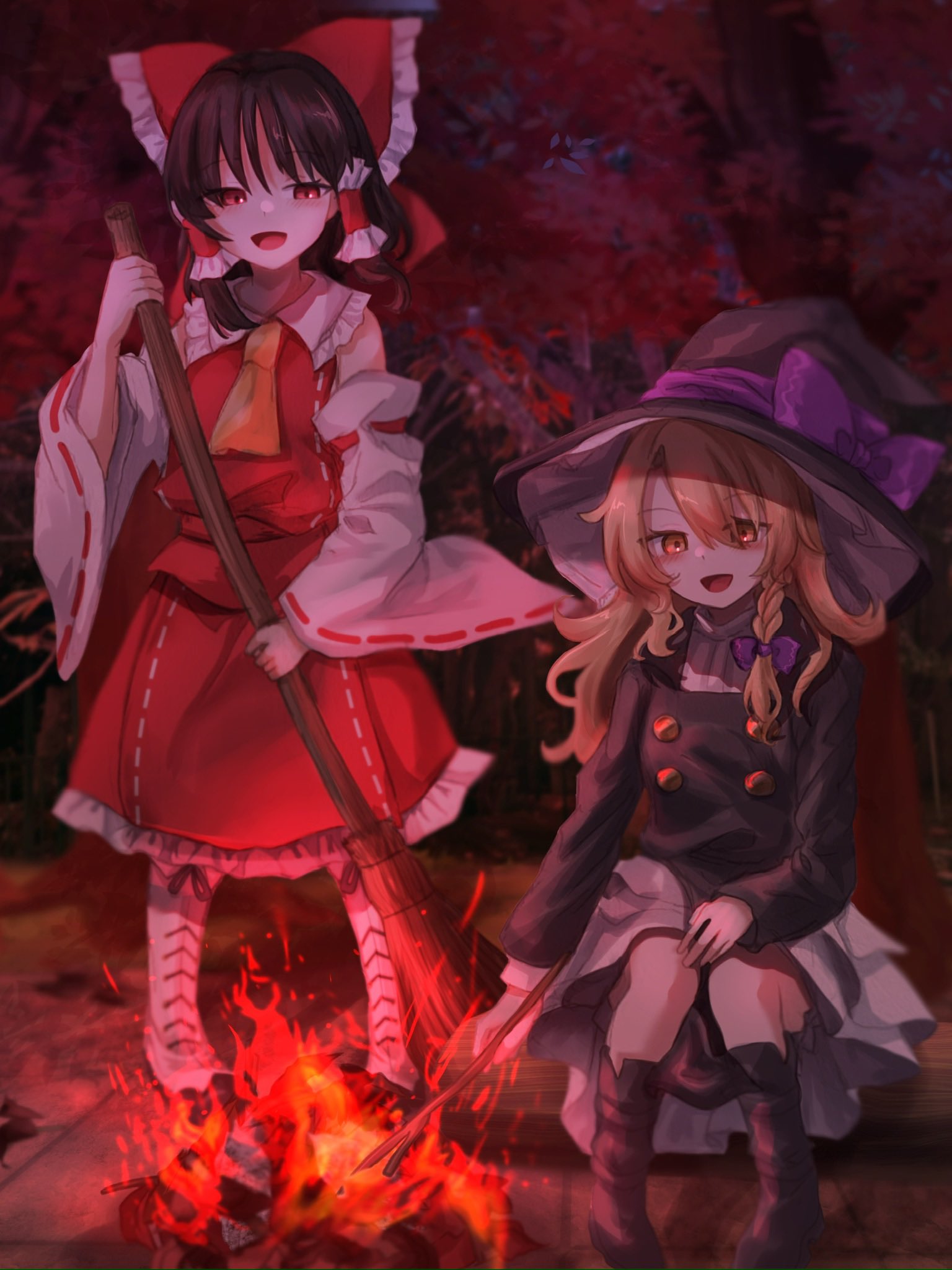 2girls, ascot, black_vest, blonde_hair, bow, braid, branch, broom