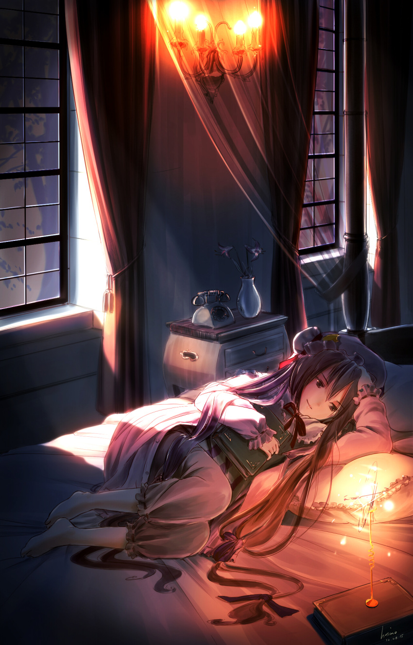 barefoot, bed, book, bow, crescent, crescent_moon, curtains, drawer