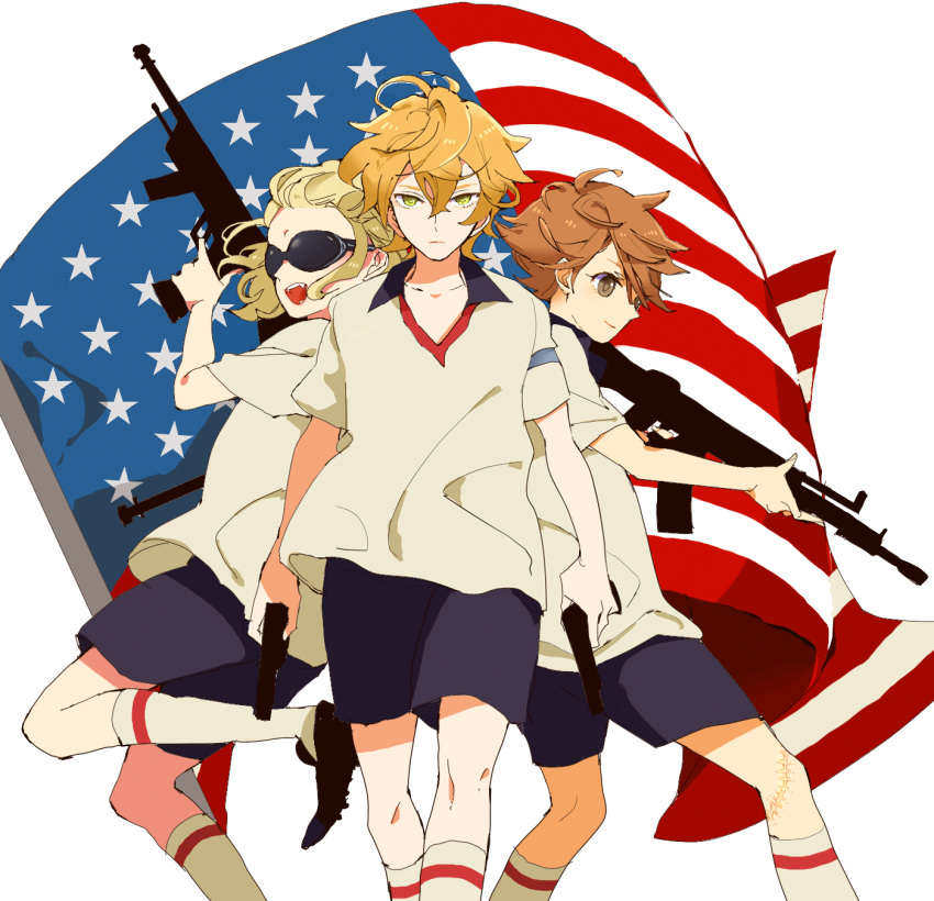 blonde_hair, brown_hair, dual_wielding, dylan_keith, gun, handgun, highres, ichinose_kazuya