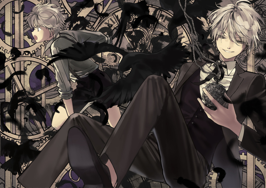 2boys, analog_clock, bird, black_footwear, black_pants, black_ribbon, black_shorts, black_suit