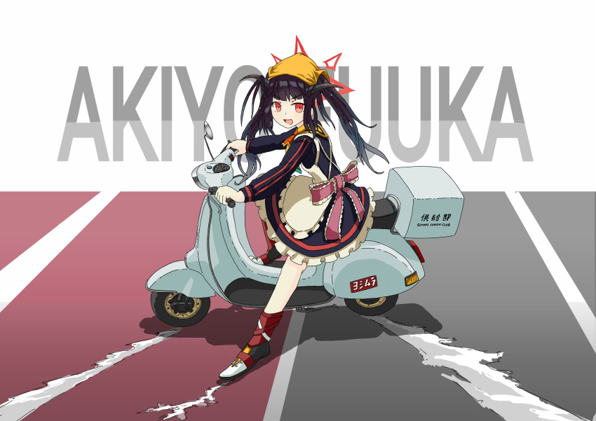 1girl, absurdres, akira_(blue_archive), akira_(manga), akira_slide, apron, black_hair, black_horns, blue_archive, character_name, dress, driving, frilled_dress, frills, head_scarf, highres, horns, johnnysubsonic, long_hair, long_sleeves, looking_at_viewer, motor_vehicle, motorcycle, open_mouth, red_eyes, scooter, shoes, simple_background, solo, vespa