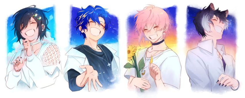 4boys, :d, ^_^, animal_ears, ano_natsu_no_itsuka_wa_(vocaloid), astel_leda, black_choker, black_hair