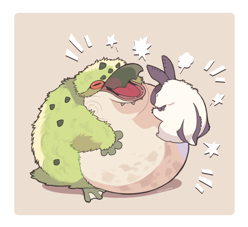 animal_focus, border, closed_eyes, closed_mouth, commentary_request, cream_background, fangs, fat