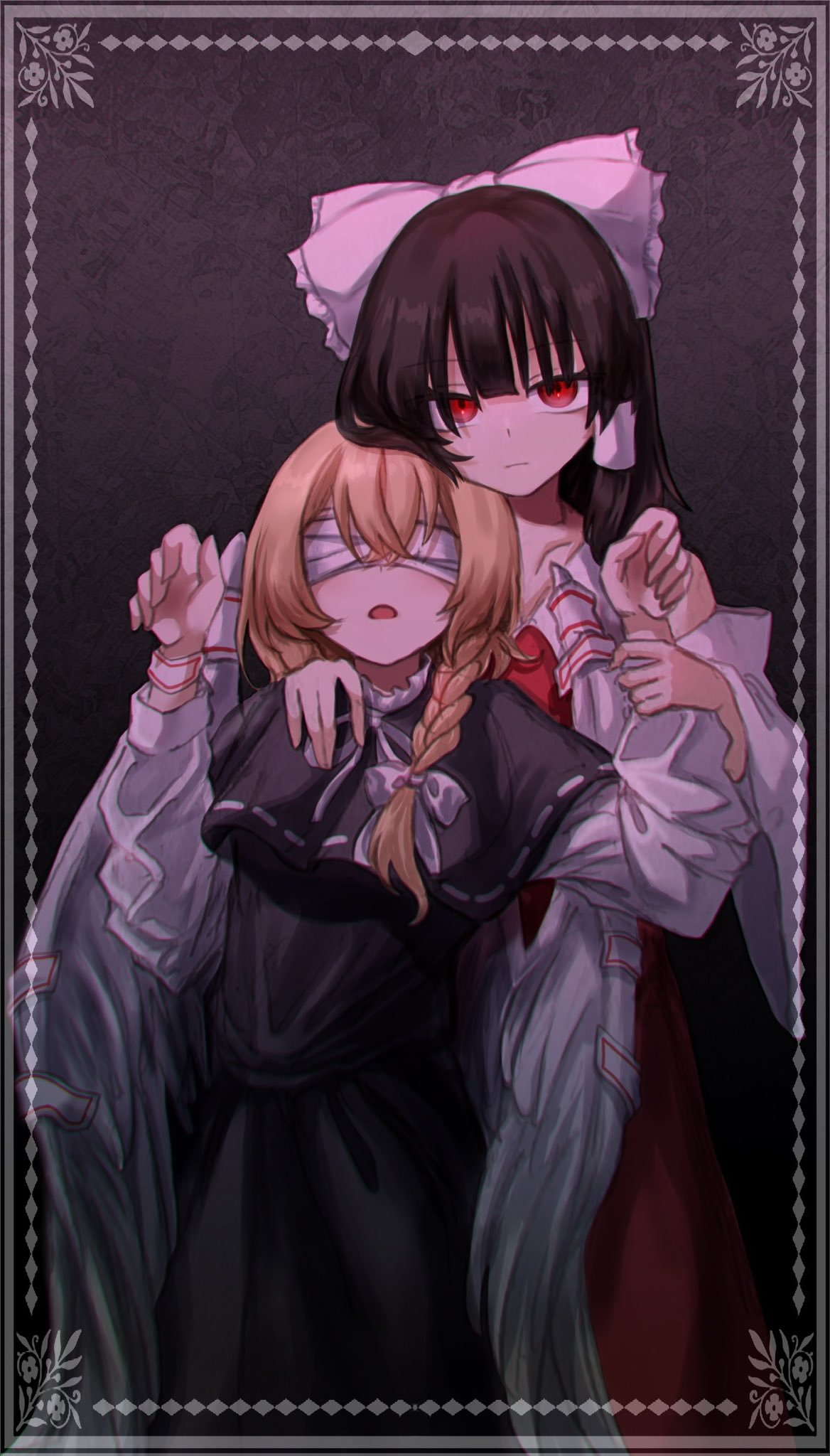 2girls, alternate_costume, black_dress, blindfold, blonde_hair, bow, braid, brown_hair