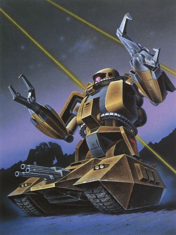 1980s_(style), battle, cannon, caterpillar_tracks, energy_beam, fusion, gatling_gun, gun
