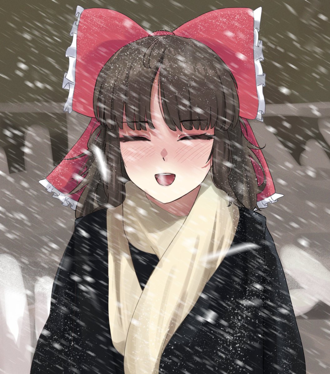 1girl, alternate_costume, black_coat, blizzard, blunt_bangs, blush, bow, brown_hair, closed_eyes, coat, commentary, english_commentary, frilled_bow, frills, hair_bow, hakurei_reimu, highres, husbant_(meme), long_hair, medium_bangs, meme, omikami, open_mouth, red_bow, round_teeth, scarf, snowing, solo, teeth, touhou, upper_body, upper_teeth_only, white_scarf, winter