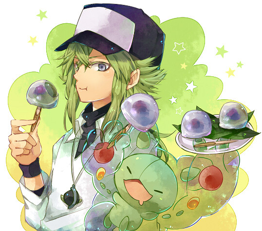 blue_eyes, eating, food, green_hair, hat, jewelry, n_(pokemon), pendant
