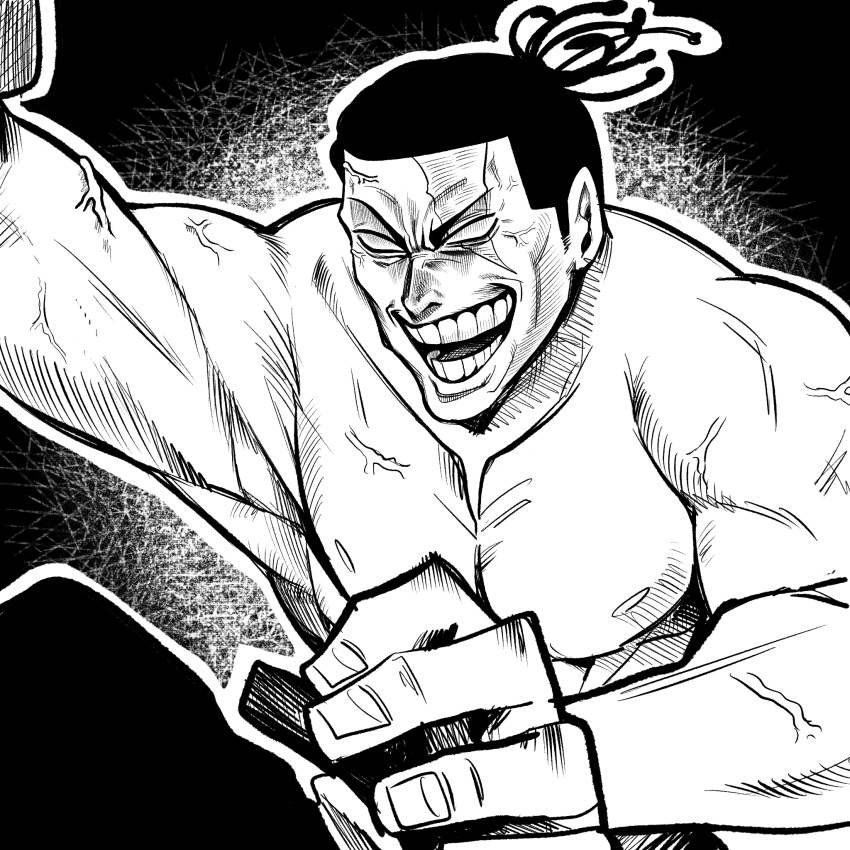 1boy, black_hair, crazy_smile, fighting_stance, highres, jujutsu_kaisen, large_pectorals, male_focus
