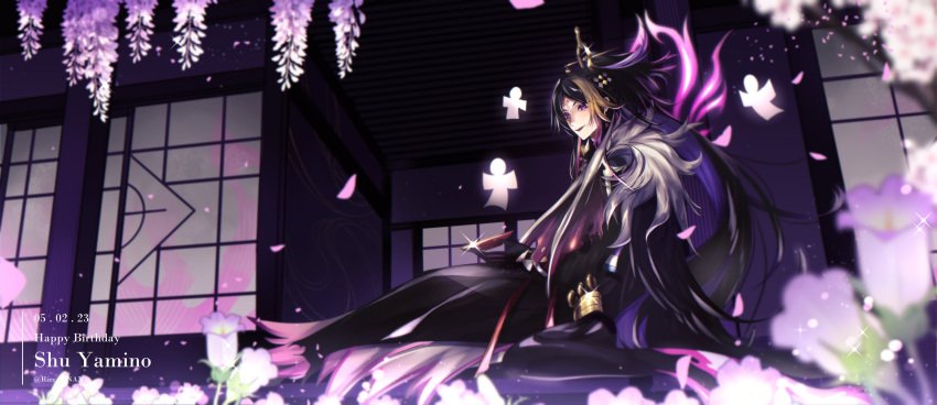 1boy, absurdres, architecture, black_gloves, black_hair, black_robe, black_shirt, blonde_hair