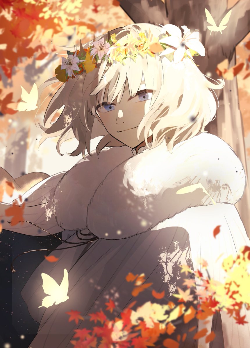 1boy, autumn, autumn_leaves, blue_eyes, bug, butterfly, cape, cloak