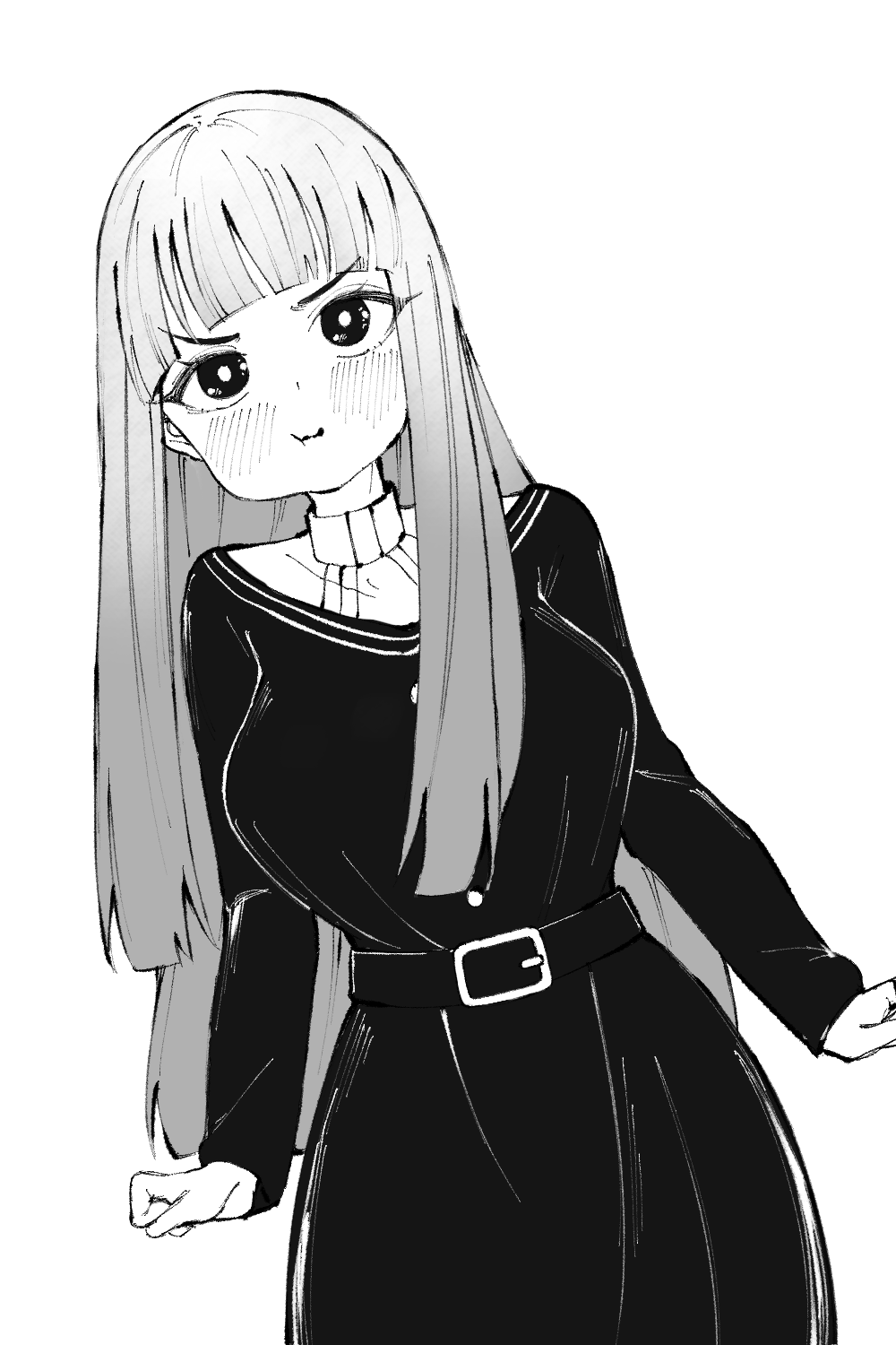 1girl, belt, breasts, fern_(sousou_no_frieren), greyscale, hanakonenne, highres, large_breasts