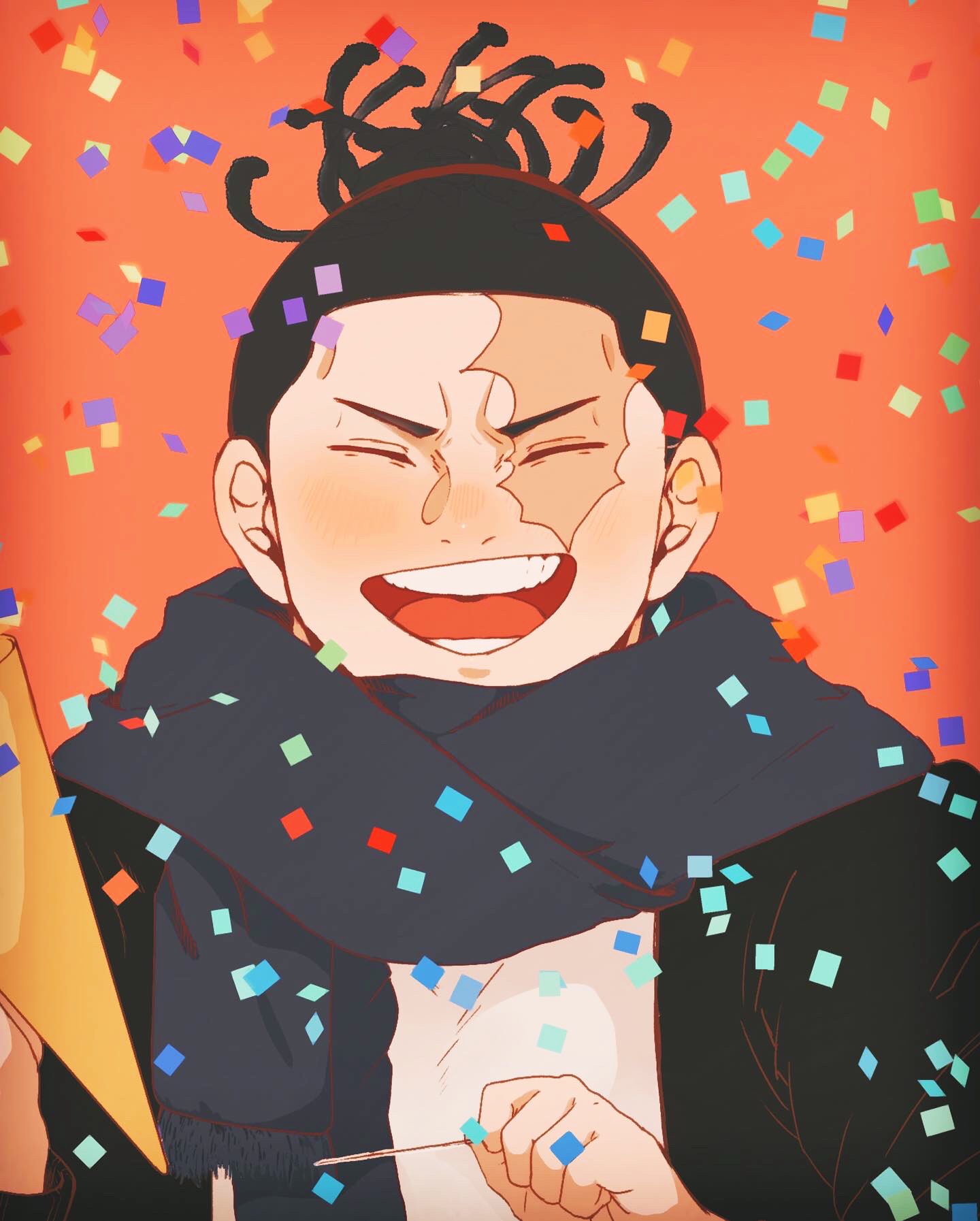 1boy, :d, alternate_costume, black_hair, blush, confetti, gonzaresu0203, happy, highres, holding, jujutsu_kaisen, male_focus, portrait, scar, scar_across_eye, scarf, short_hair, sideburns, smile, solo, toudou_aoi_(jujutsu_kaisen), upper_body