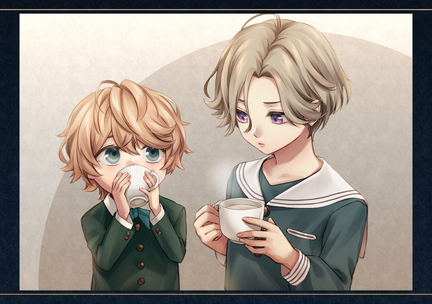 2boys, aged_down, blue_border, blue_bow, blue_bowtie, blue_eyes, blue_shirt, border