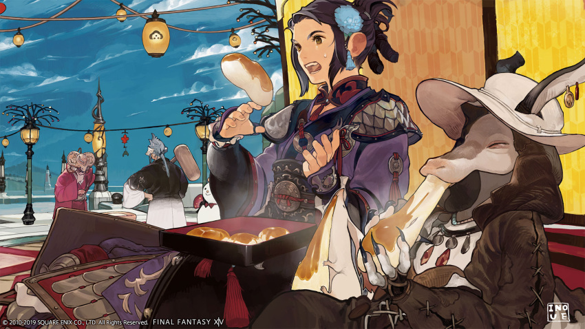 armor, au_ra, blue_flower, blue_sky, eating, final_fantasy, final_fantasy_xiv, flower