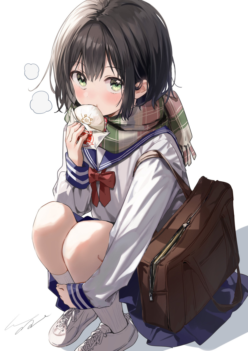 1girl, absurdres, aoi_saki_(senpai_wa_otokonoko), bag, baozi, blue_sailor_collar, blue_skirt, blush, bow, bowtie, brown_bag, brown_eyes, brown_hair, brown_scarf, commentary_request, cross-laced_footwear, food, food_in_mouth, hair_intakes, highres, holding, holding_food, hugging_own_legs, knees_up, long_sleeves, looking_at_viewer, plaid, plaid_scarf, pleated_skirt, pomu_(joynet), red_bow, red_bowtie, sailor_collar, scarf, school_bag, school_uniform, senpai_wa_otokonoko, serafuku, shirt, short_hair, shoulder_bag, signature, simple_background, sitting, skirt, socks, solo, white_background, white_footwear, white_shirt, white_socks